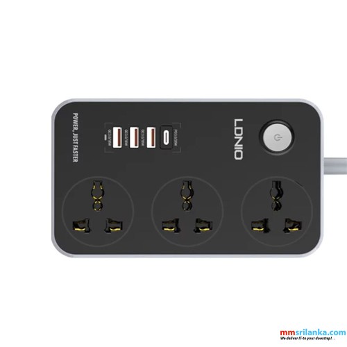 LDNIO SC3412 38W PD20W Power Strip 3 Socket Outlets and 3 QC 3.0 USB (6M)